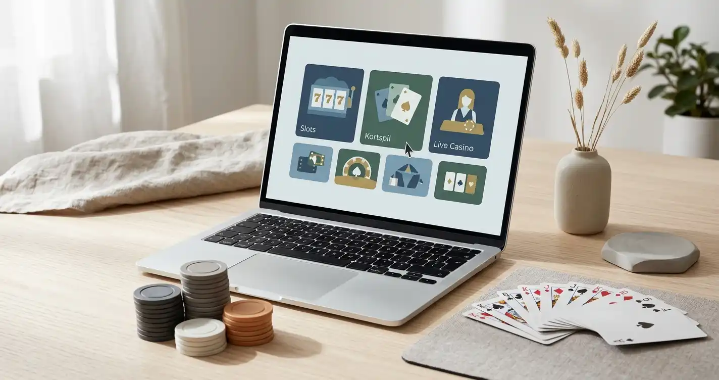 Spillekort, spillebrikker og en laptop med forskellige casinospil på skærmen