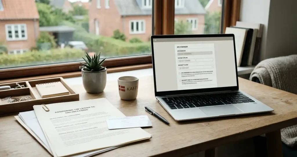 Laptop ved siden af juridiske dokumenter og et registreringskort på et skrivebord