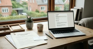 Laptop ved siden af juridiske dokumenter og et registreringskort på et skrivebord