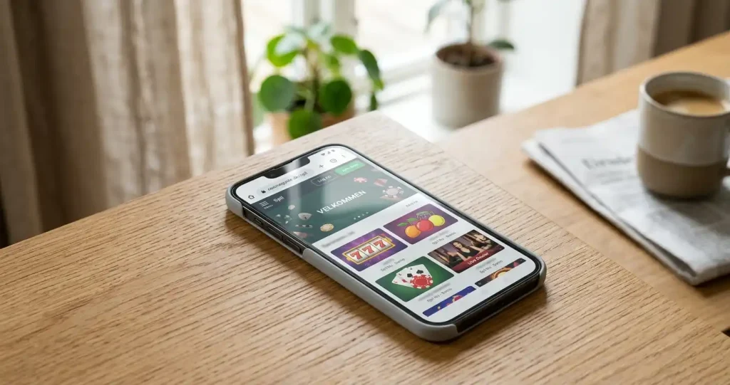Smartphone på et bord med OneCasino åbent i webbrowser på mobilen