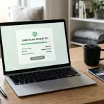 Laptop, betalingskort og mobiltelefon med oplysninger om en digital udbetaling