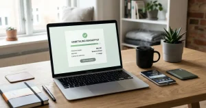 Laptop, betalingskort og mobiltelefon med oplysninger om en digital udbetaling